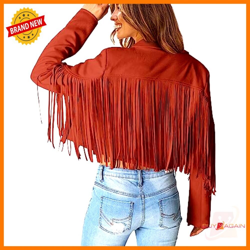 Faux Suede Cropped Motorcycle Jacket with Fringe Tassel Design - Picture 4 of 7